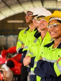 Group of technicians engineers workers posing to camera with smile
